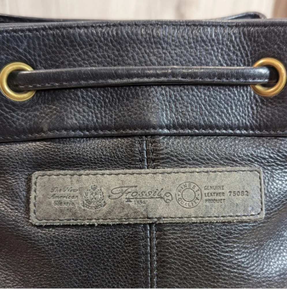 Women's Vintage Fossil Purse Black Leather Bucket Draw String - Picture 5 of 10